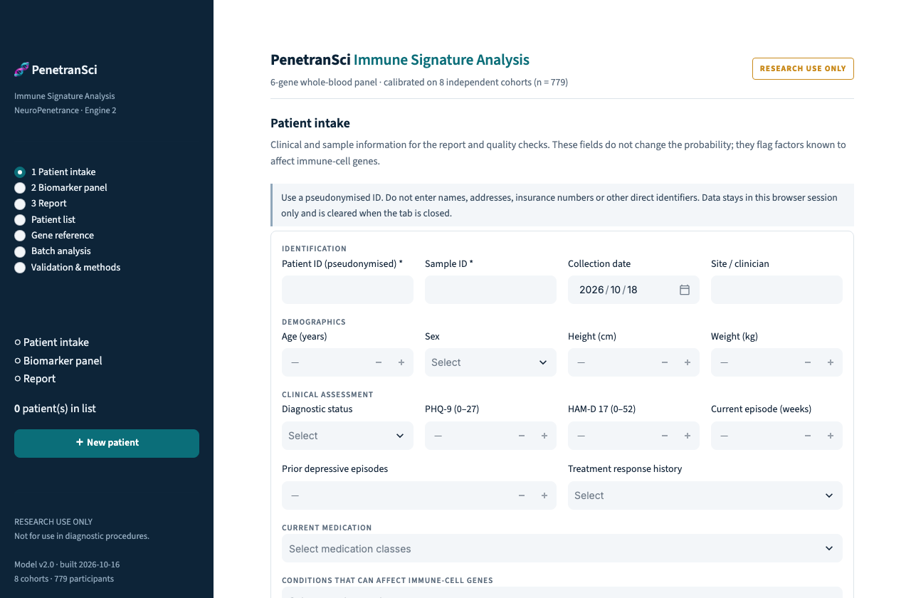 PenetranSci-App: Patientenaufnahme mit Qualitätsprüfungen und dem Hinweis Research Use Only